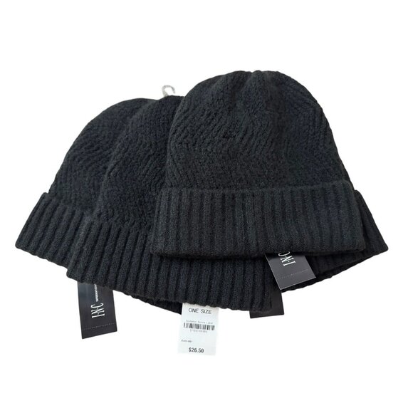 Lot Of 4 INC International Concepts Chevron Knit Beanie Hat Black New With‎ Tags - Picture 1 of 1